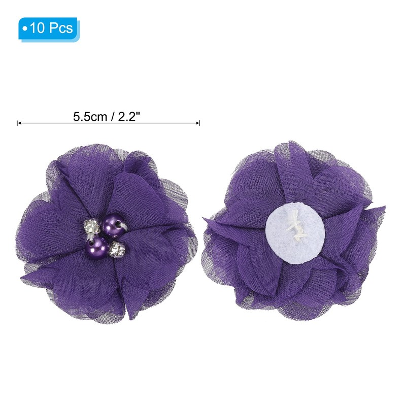 10Pcs 2" Chiffon Flowers with Rhinestone Pearl Appliques Decorate Dark Purple gallery