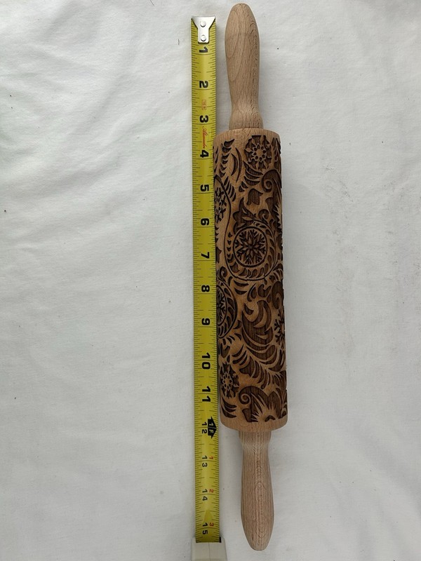 Decorative Wooden Embossed Rolling Pin W/ Floral & Snowflake Design 15in gallery