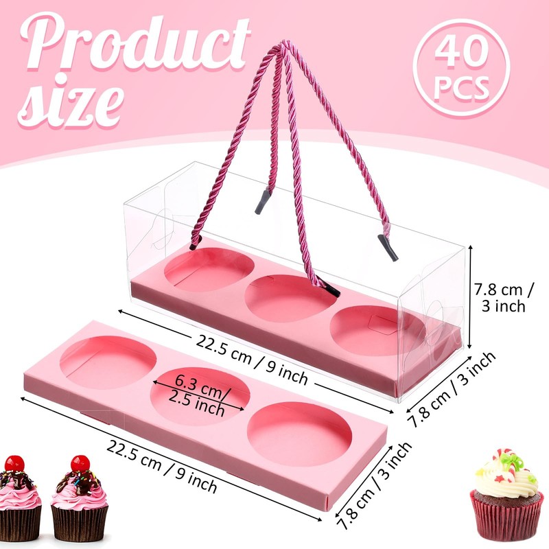 Clear Cupcake Boxes 3 Compartments Pastry Packaging Pink 9x3x3 Inch 40 PCS gallery