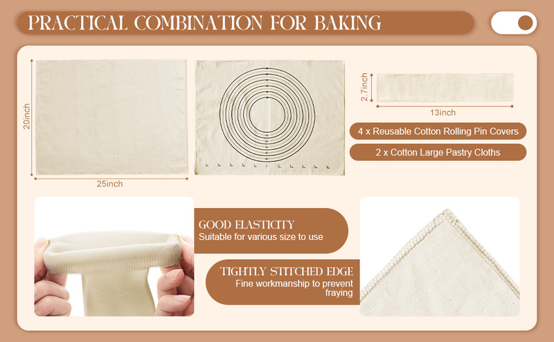 Tessco 6 Pieces Pastry Cloth and Rolling Pin Cover Set Includes 2 Pcs 25 x 20 gallery