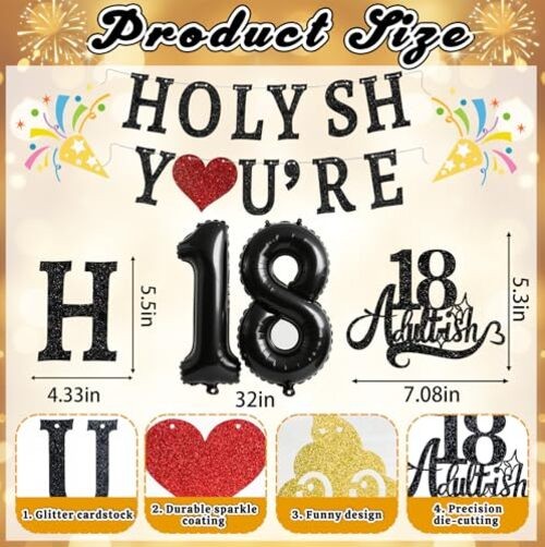 Funny 18th Birthday Decorations for Girls Boys - Glitter 18th Birthday Banner, gallery