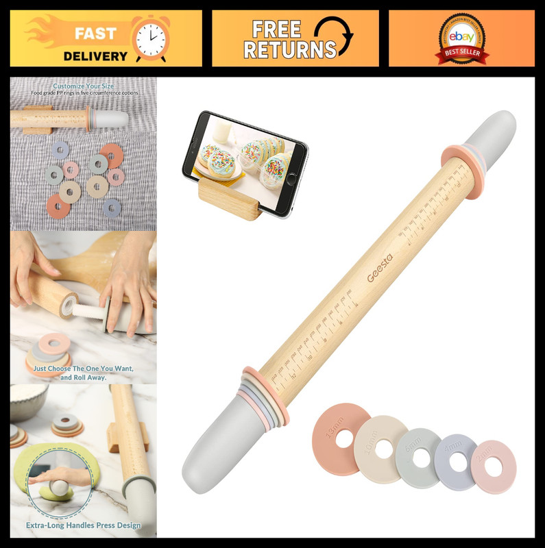 Adjustable Rolling Pin with 5 Thickness Rings – Perfect for Dough, Pizza, Cookie