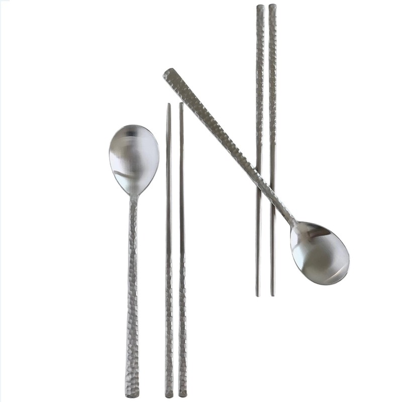 2 PCS Korean Silver Glossy Hammered Stainless Steel Spoon Chopstick Set Gift