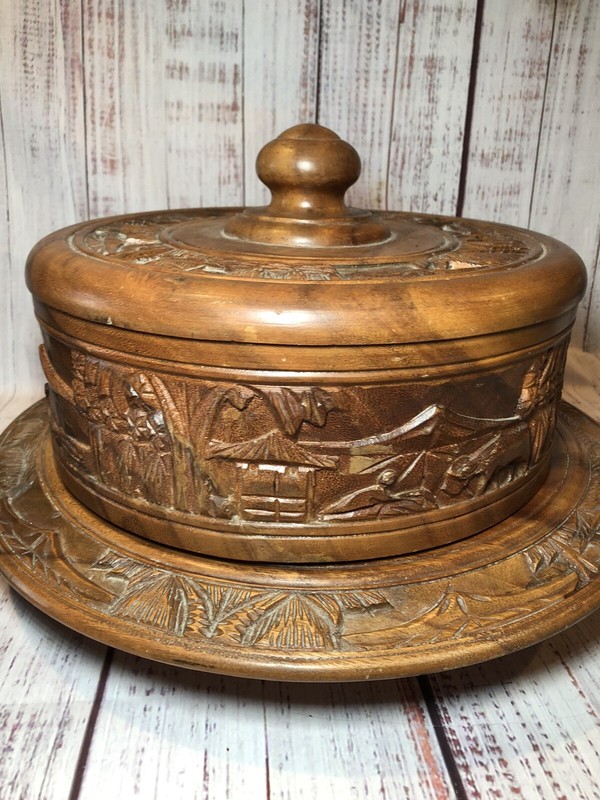 Vintage 12" Round Wooden Swivel Cake Plate w/ Dome African Unique Hand Made gallery