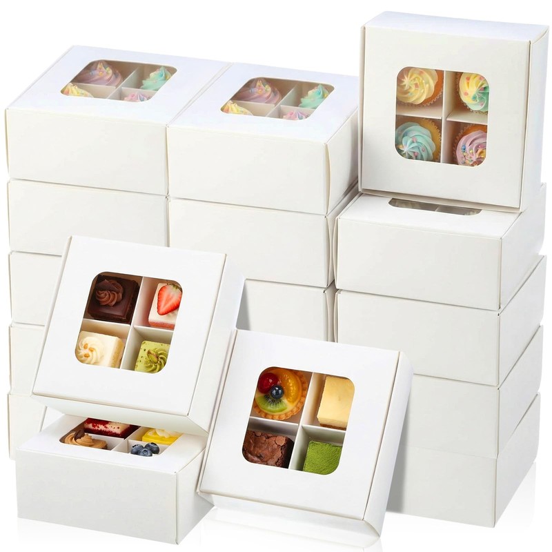 40 PCS White Cupcake Bakery Boxes Clear Window 4 Count 3.5×3.5×1.57 Inch