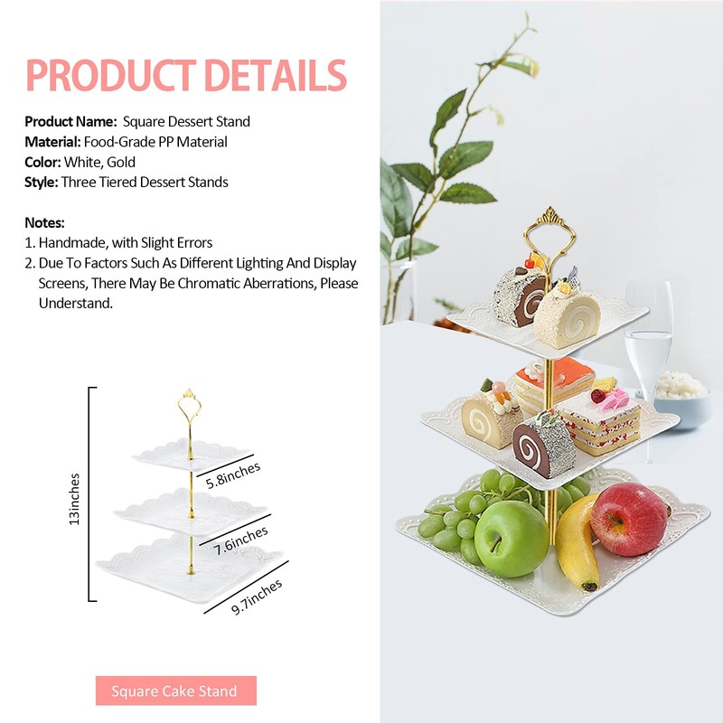 3Pcs White Square 3 Tiered Cake Stands, 3 Tier Serving Tray Cupcake Holder De... gallery