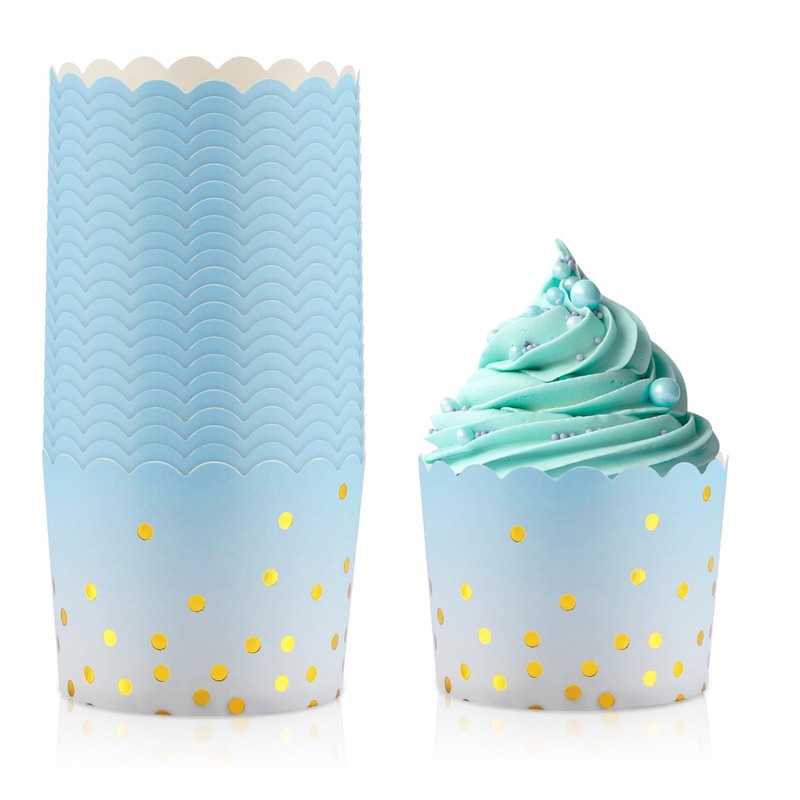 Standard Size Blue Gold Polka Dot Cupcake Liners Muffin Baking Cups 50 PCS