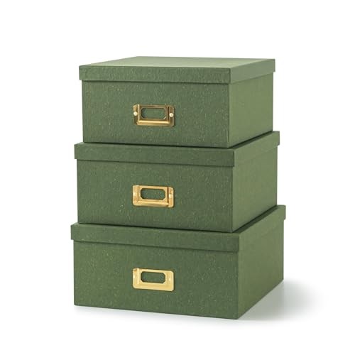 Kraft Paper Boxes for Storage – Set of 3 Square Stacking Boxes with Lids Green