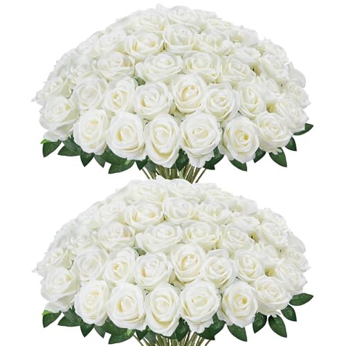 Pcs Roses Artificial Flowers, Fake Velvet Silk Rose Bulk Faux Flower 50 White gallery