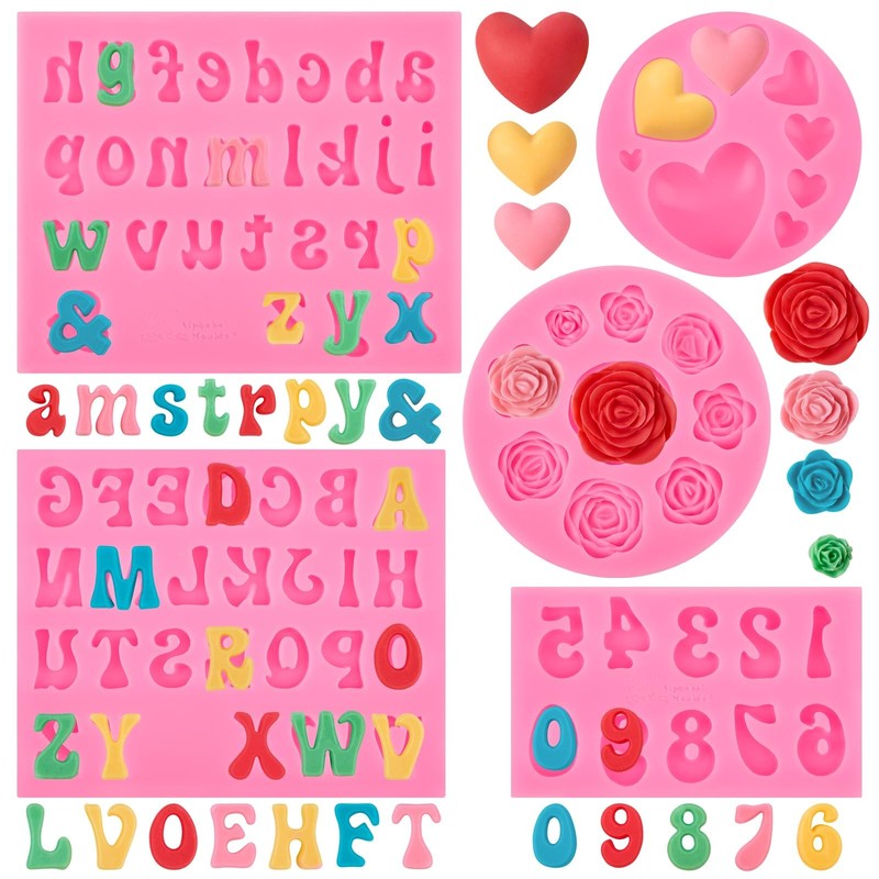 Silicone Letter Molds for Chocolate, 5 Pcs Alphabet Number Rose Heart Shape C…