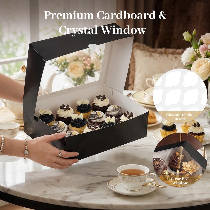 12 Count Cupcake Boxes Containers Window Black Pastry Bakery Supplies 6 PCS gallery