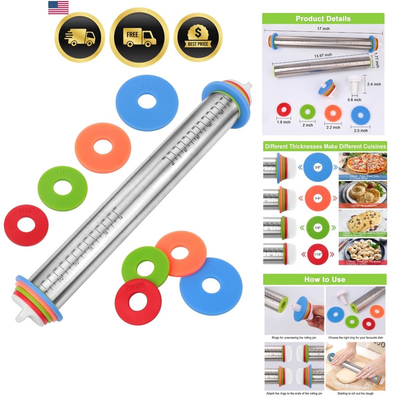 Adjustable Rolling Pin with Thickness Rings for Baking, Stainless Steel Desig…