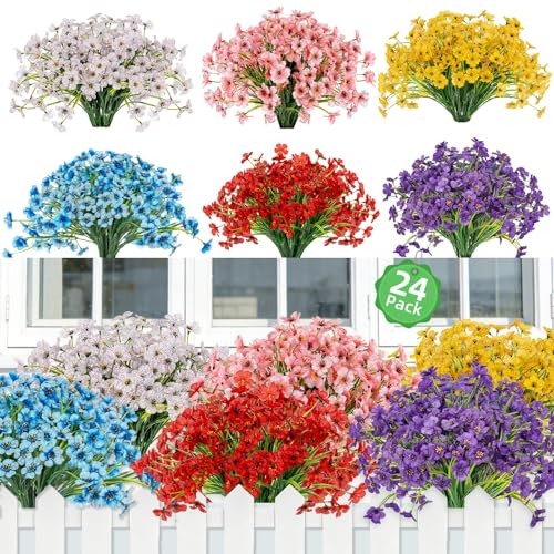 24 Bundles Artificial Flowers UV Resistant, Fake Silk Flowers Bulk for gallery