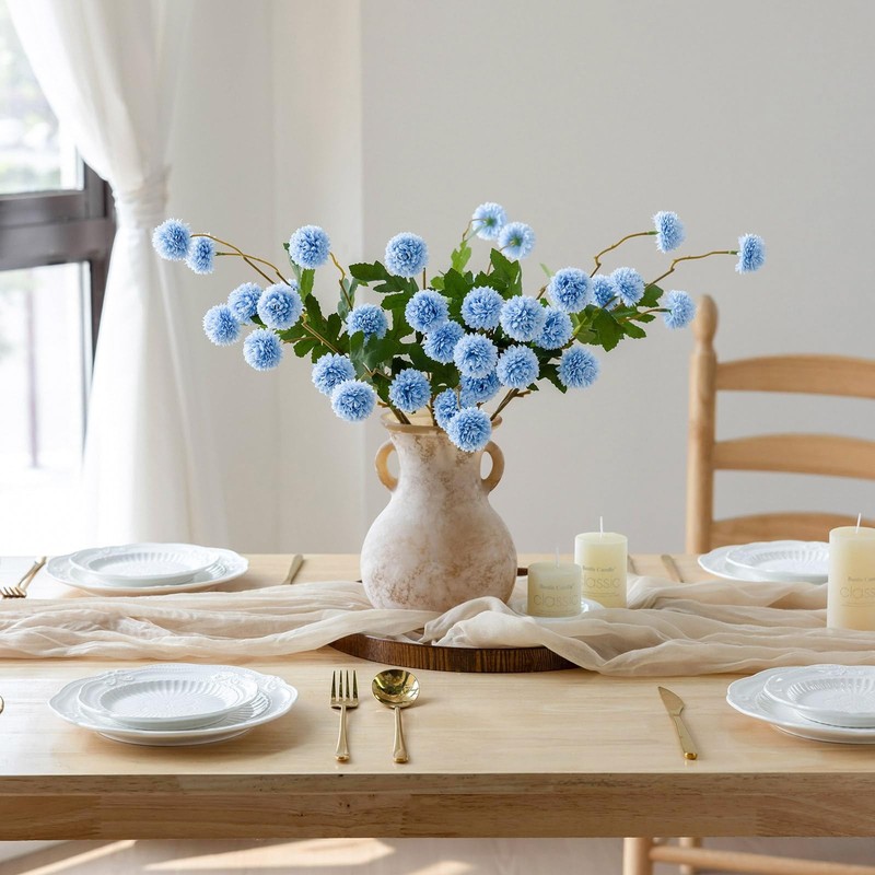 Mizii 6Pcs Blue Fake Silk Pompon Mum Artificial Flowers Bulk Small Faux gallery