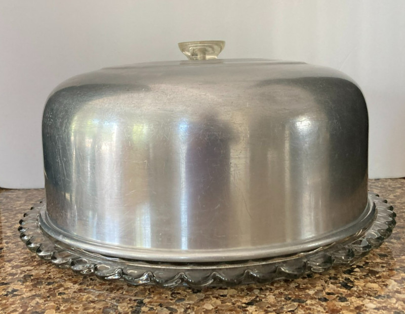 VINTAGE MCM Cut Glass 13″ Cake Plate w/ Aluminum Dome Cover VG