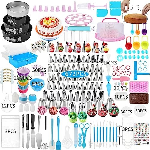 Cake Decorating Kit - 672 Pcs Supplies, Icing Piping Nozzles, Cake Carrier & Tur gallery
