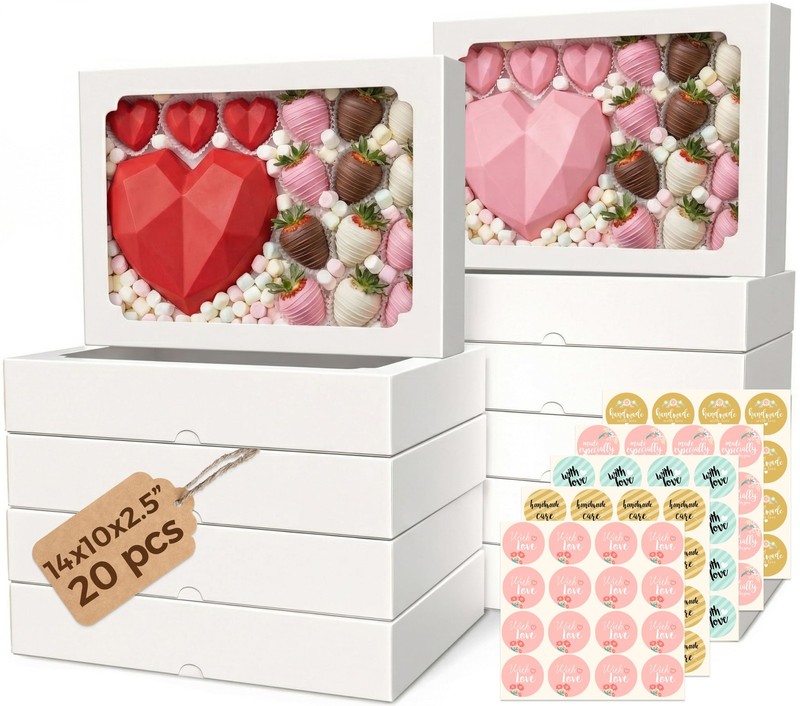 20pcs Cookie Boxes with Window 14x10x2.5 inch, Large Bakery Boxes, Auto-Popup…
