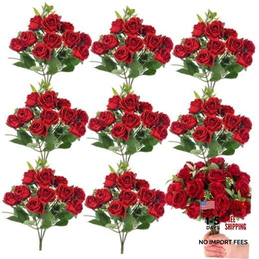8 Pack Artificial Mini Roses, 12 Inch Fake Flowers with Stems, 80 Small Red