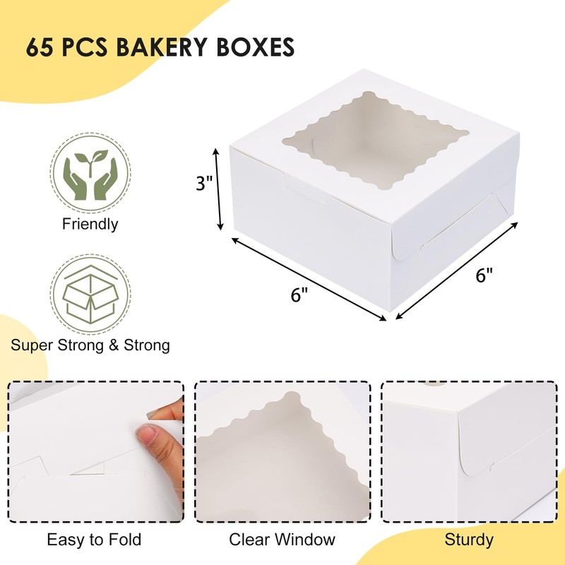 65pcs Cookie Boxes, 6x6x3 Inches Treat Boxes with Window, White Bakery Contai... gallery
