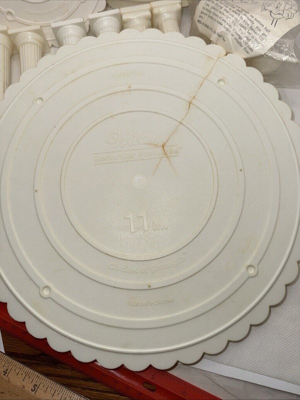 Vintage 2 Wilton Round Cake Display Plates Scalloped 11" +6” & Columns Nail Set gallery