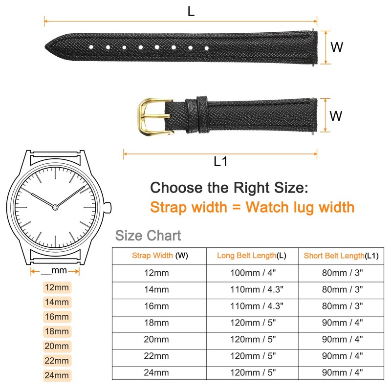 14mm Thin Classic Black Gold Grain Leather Watch Strap gallery