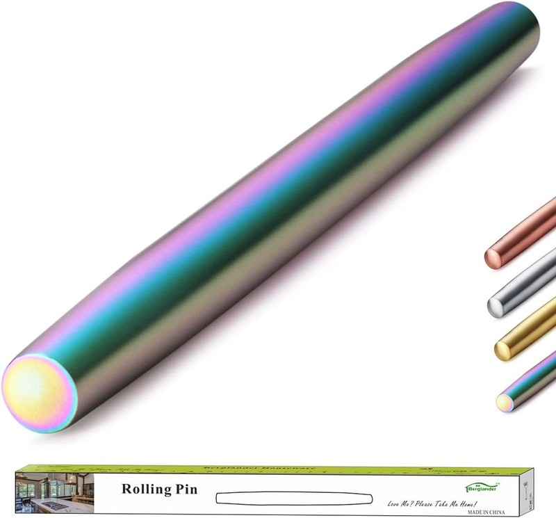 Rainbow Rolling Pin 16.7 Inches Stainless Steel Colorful Matte Finish W/ Rainbow