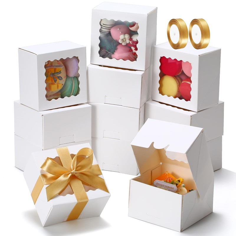 Auto Pop Up Cookie with Window 4x4x2.5 Inches – 50 Pack White Bakery Boxes wi…