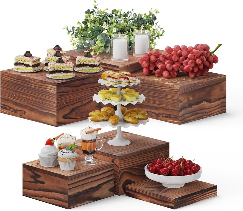 6 PCS Wooden Buffet Display Risers for Food Square Display Stands Buffet Table