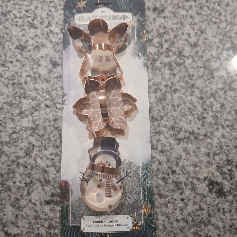 The Bake Shop Rose Gold Metal Mini Cookie Cutters 3pc Set Reindeer Snowflake
