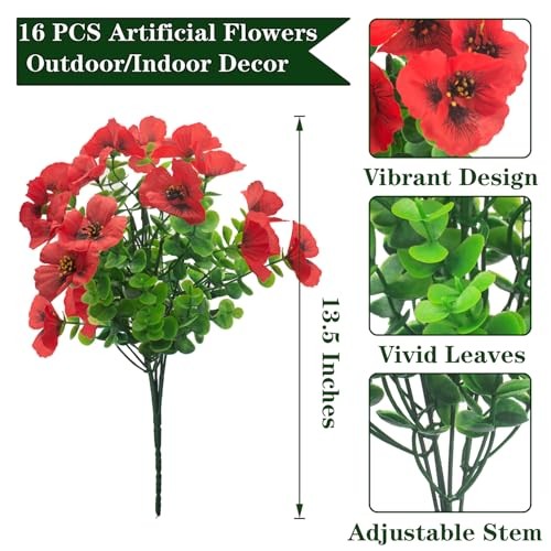 AITISOR 16 Bundles Artificial Pansy Flowers UV Resistant Fake Silk Pansies Red gallery