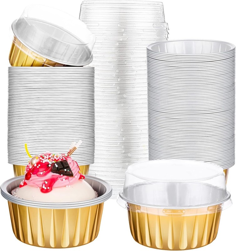 200 Pack Aluminum Foil Cupcake Liners 5 oz Baking Cups Dessert Cups with Lids...