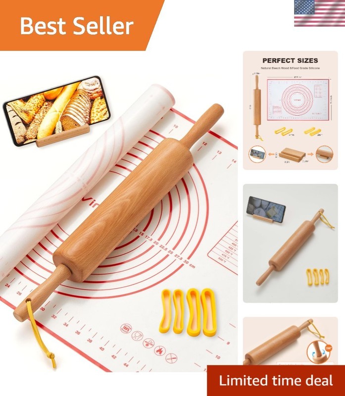 Versatile 17-Inch Wood Rolling Pin with Adjustable Rings and Silicone Mat