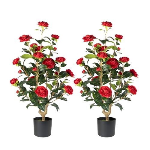 Artificial Camellia Tree 2 Pack – Realistic Camellia Plants in Pot with Red