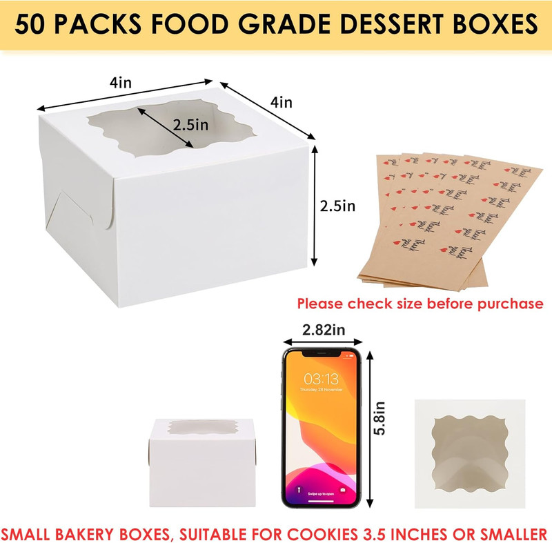 50Pcs White Cookie Boxes with Window, 4X4X2.5 Inches Bakery Boxes with 5Pcs Stic gallery