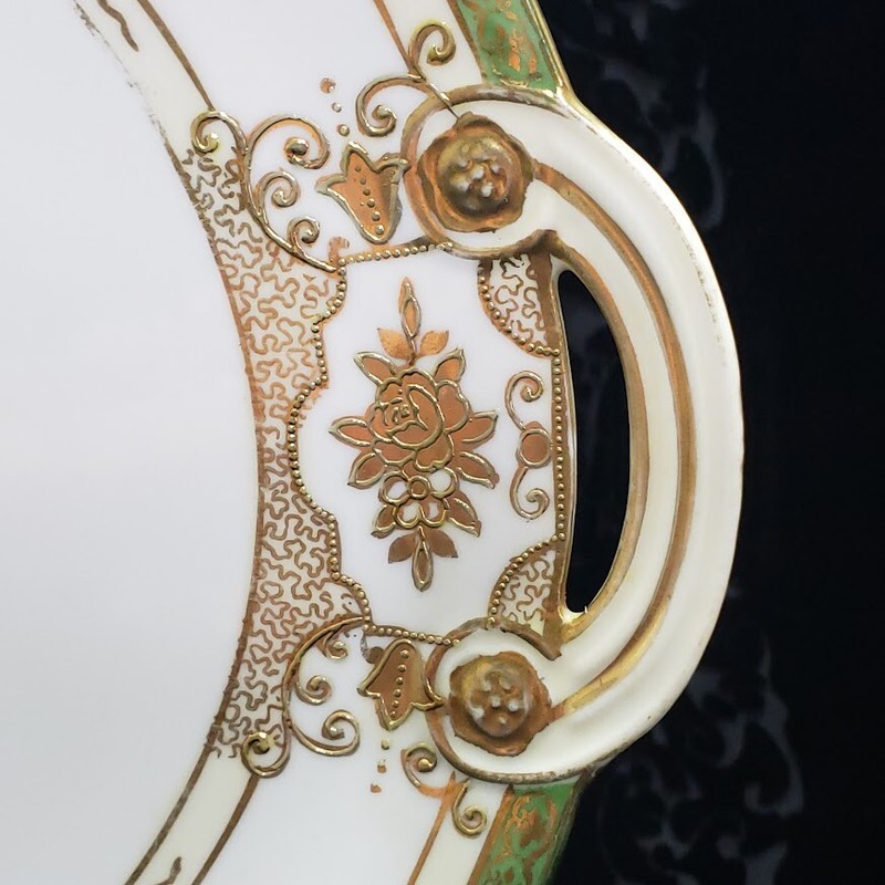 Noritake Japan Vintage Handled Cake Plate Serving Dish Green Rim Gold Accent 11" gallery