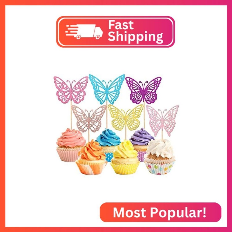 Rsstarxi 24 Pack Butterfly Cupcake Toppers Glitter Assembled Butterfly Baby Show