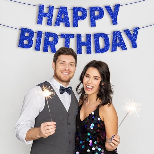 Pre-strung Happy Birthday Banner - No DIY - Glitter Happy Birthday Party Blue gallery