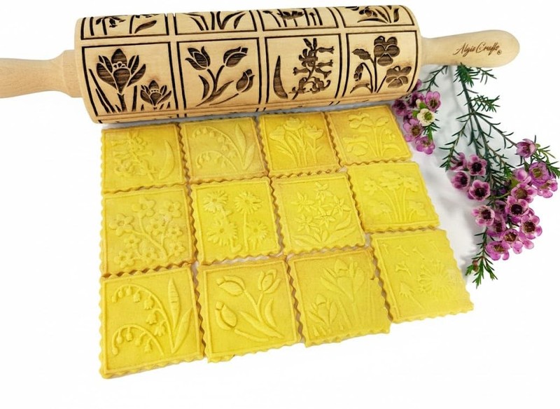 SPRING FLOWERS Embossing Rolling Pin with 16 Different Flowers in Squares. Do…