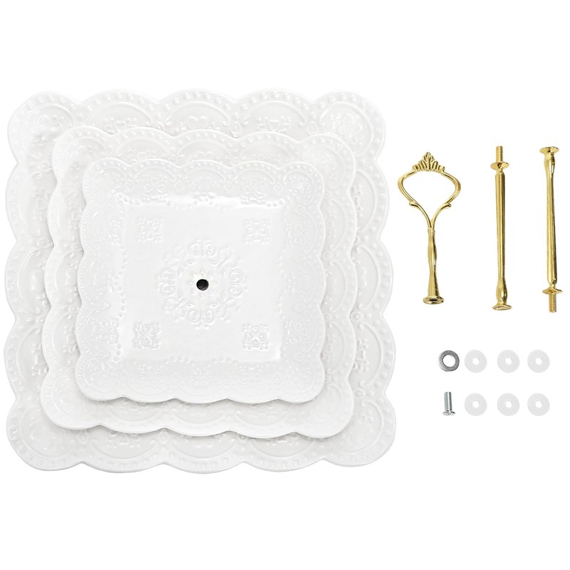 Tebery 2 Pack 3-Tier White Ceramic Embossed Dessert Cake Tower Stand with Gold gallery
