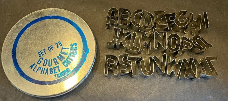 Vintage Chef Shop 26 Metal Gourmet Alphabet 1" Letters Cutters In Container