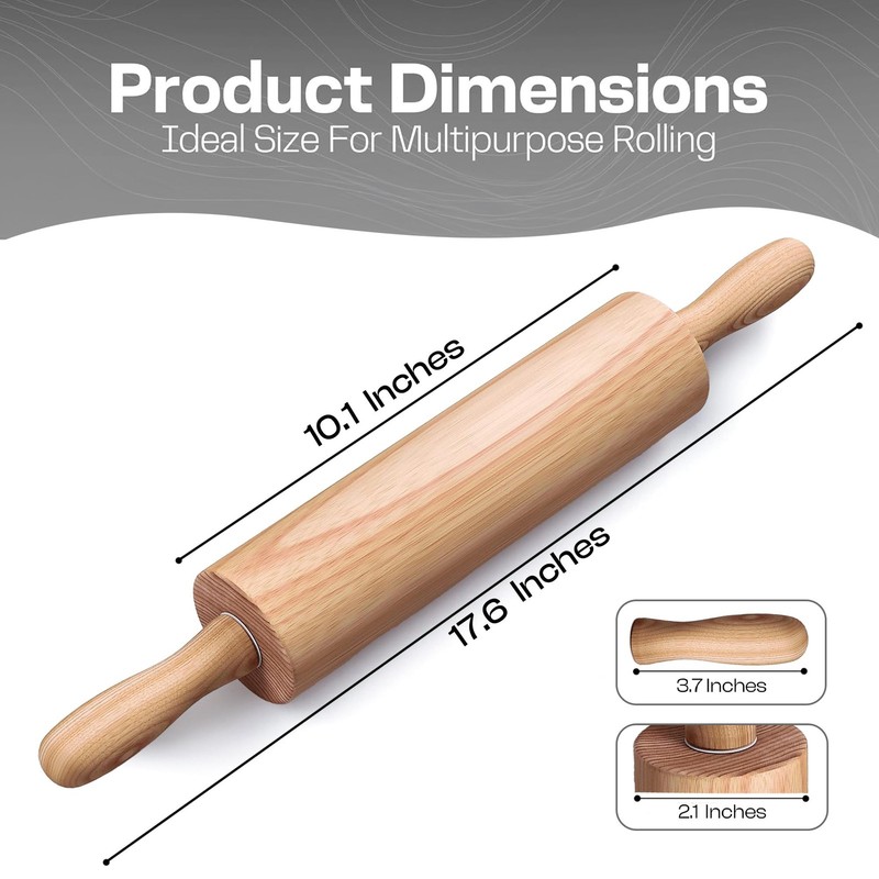 Wooden Rolling Pin 17.6 Inch with Rotating Ergonomic Handles – Classic Beech ... gallery