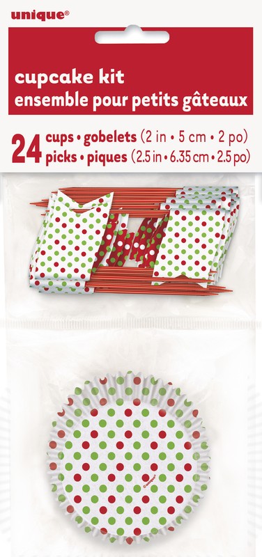 Holiday Polka Dot Standard Size 48pc Christmas Cupcake Kit, White Red Green