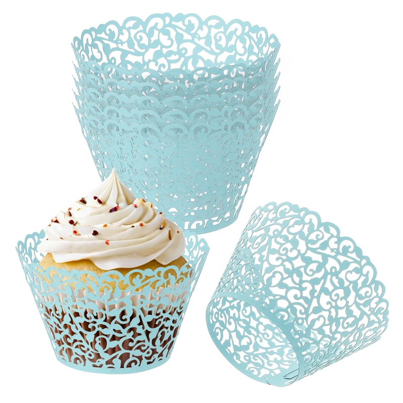 Cupcake Wrappers Paper, 50 Pack Baking Cups Standard Vine Decor, Light Blue