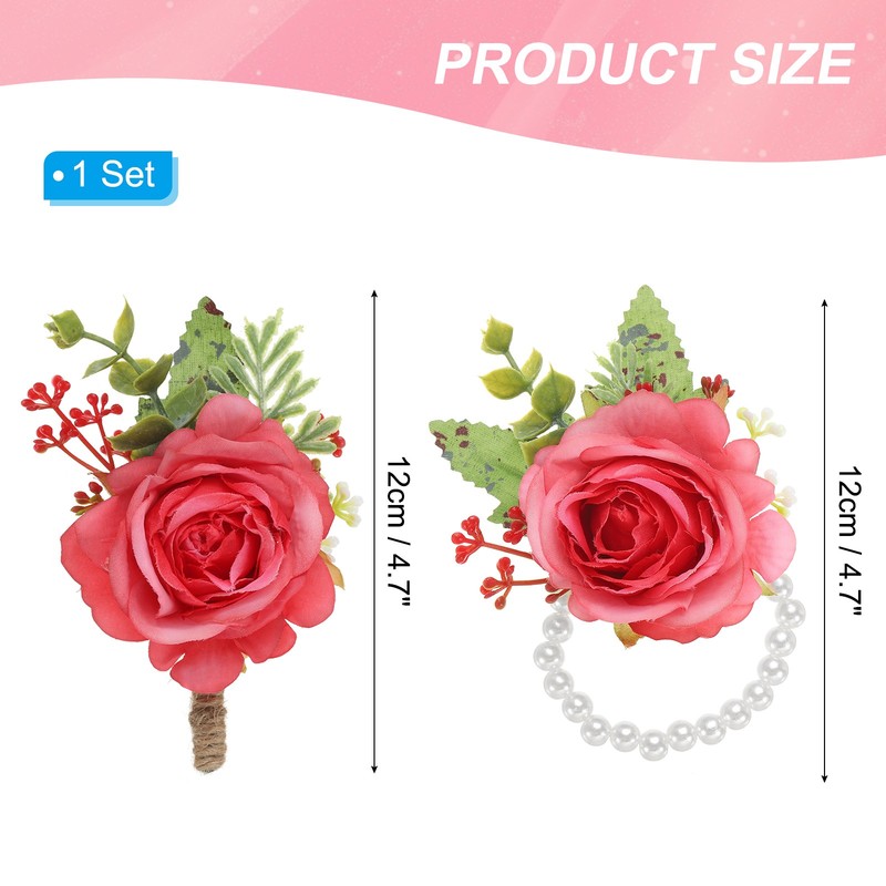 2 Pcs Rose Wrist Corsage and Boutonnieres Set, Wedding Flower Wristlet Red gallery