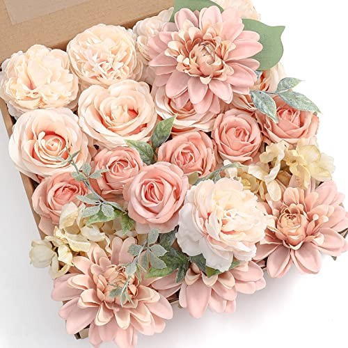 Artificial Flowers Combo Box Set Gradient Color Flower Leaf with Stems Peach gallery