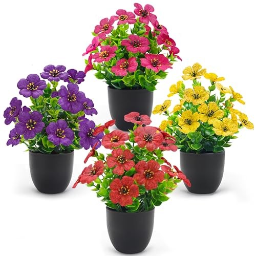 4 Pack Fake Plants in Matte Pot DIY Assembly Mini Artificial Flowers, Black