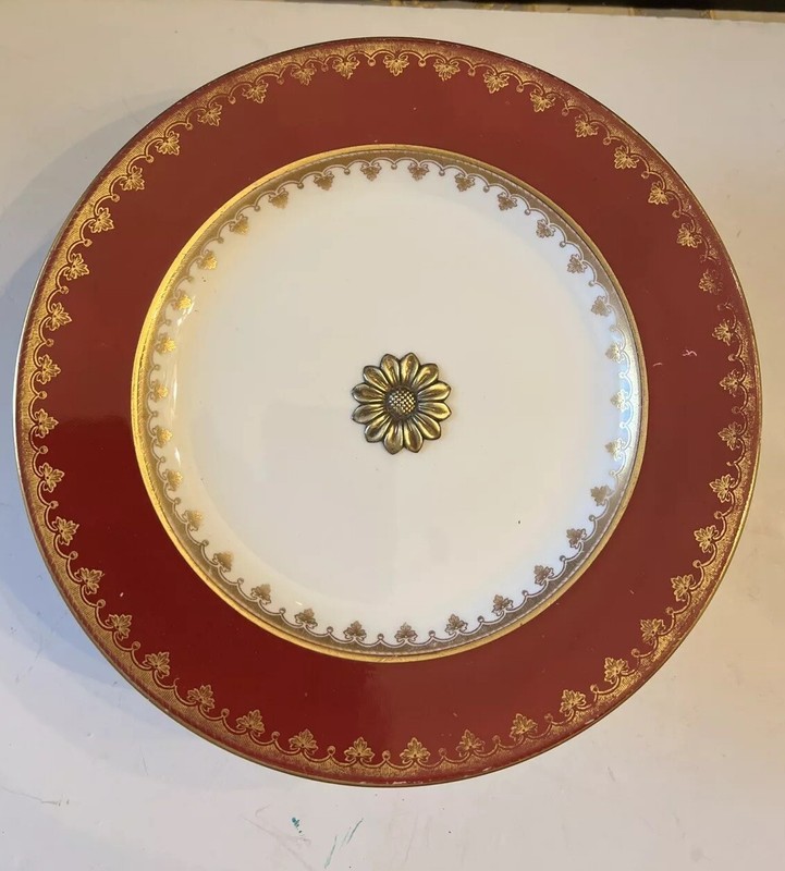 Vintage brass tripod w/China Plate 9”Diam. And 3.75”H Red &White Cake Stand gallery
