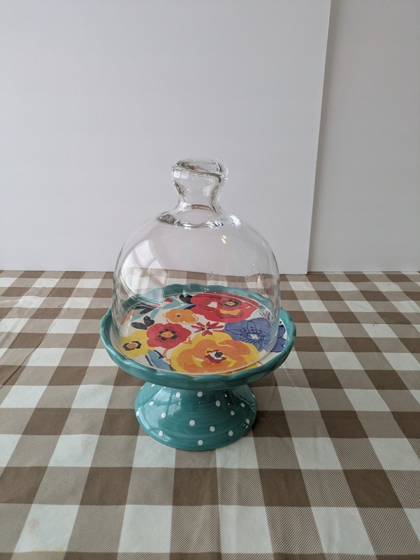 Pioneer Woman Ceramic Cake Stand & Glass Cover Polka Dots and Floral Pattern gallery