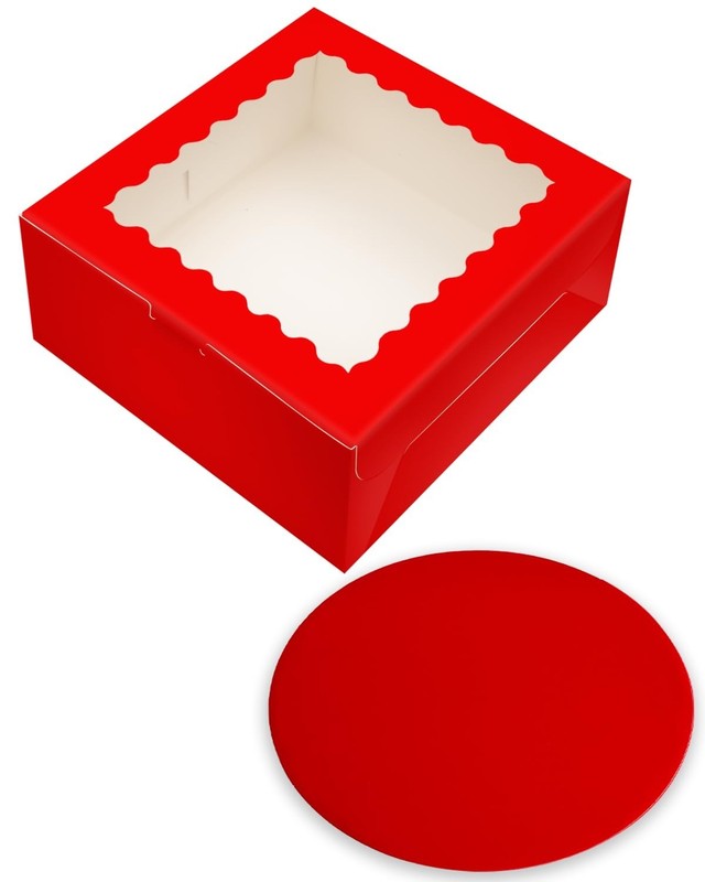 8x8x5 Cake Box 18 Sets Red with Window 8" Round Boards Containers Bakery gallery