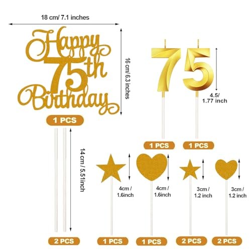 75th Happy Birthday Cake Decoration, 75th Birthday Candle Glitter Cake Golden gallery